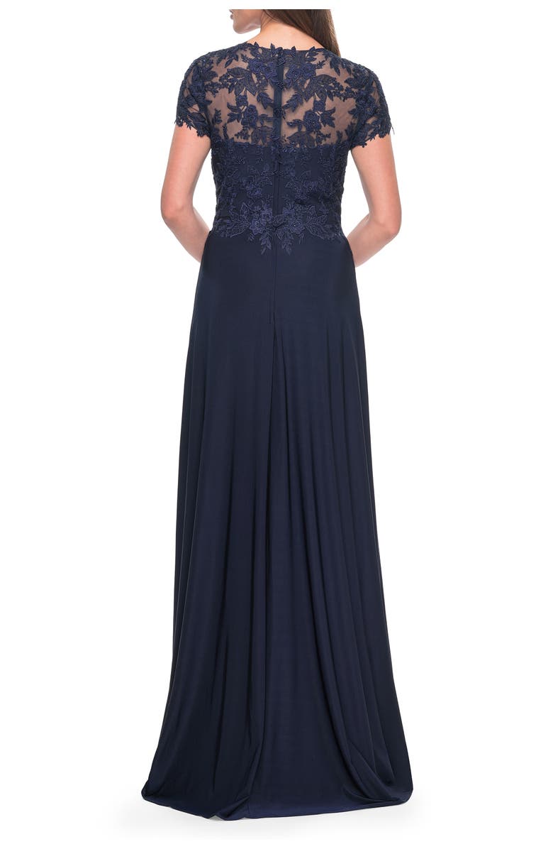 La Femme Elegant Jersey Evening Dress with Lace Details, Alternate, color, Navy