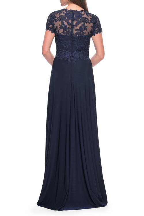 La Femme Elegant Jersey Evening Dress With Lace Details In Navy