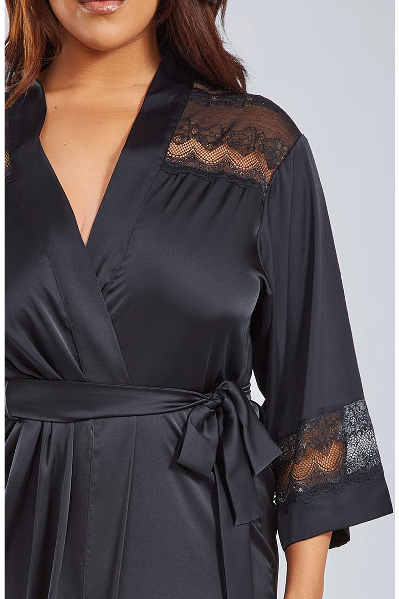 Lace Trim Satin Long Robe, Alternate, color, Black