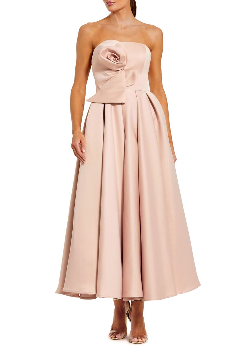 Women's Strapless Satin A Line Midi Dress With 3D Flower, Main, color, Rose Pink