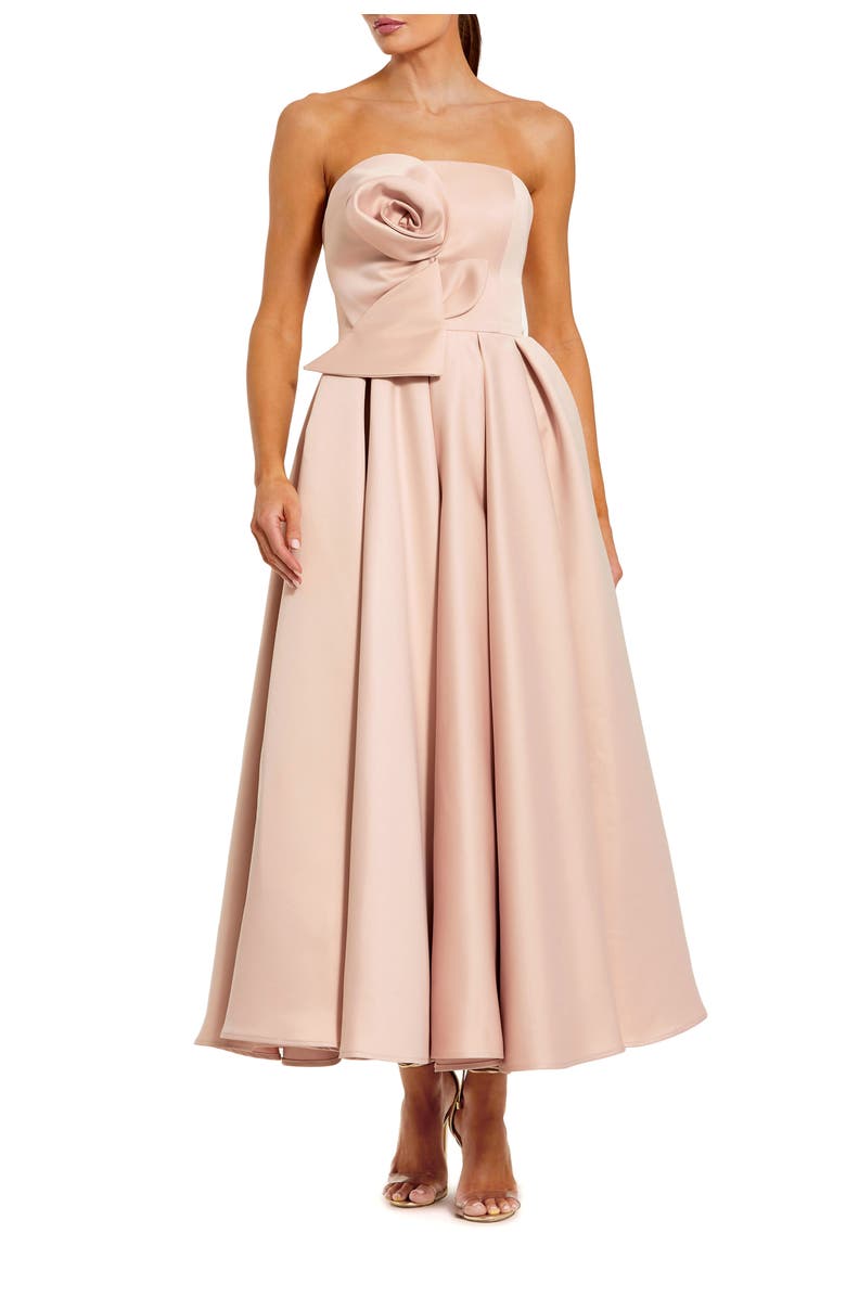 Mac Duggal Women's Strapless Satin A Line Midi Dress With 3D Flower, Main, color, Rose Pink