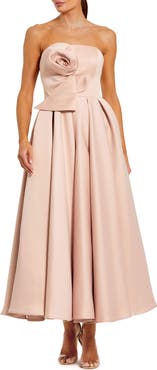 Mac Duggal Women's Strapless Satin A Line Midi Dress With 3D Flower