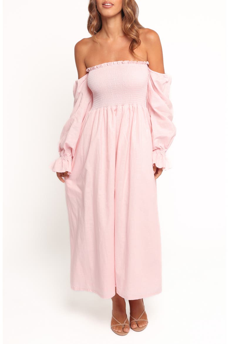 Domenica Off the Shoulder Linen Blend Midi Dress, Main, color, PINK