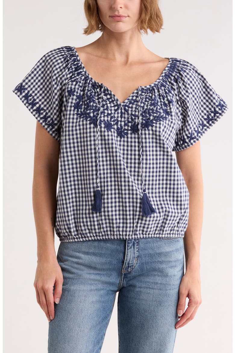 Gingham Short Sleeve Cotton Top, Main, color, NAVY GINGHAM