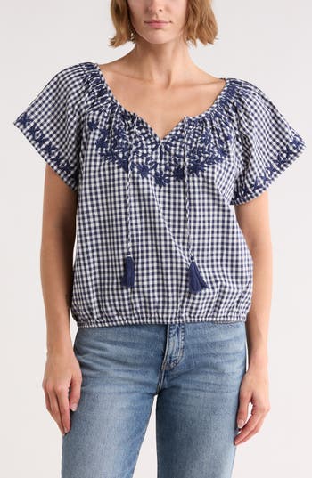 Lucky Brand Gingham Short Sleeve Cotton Top in Navy Gingham at Nordstrom Rack, Size Small