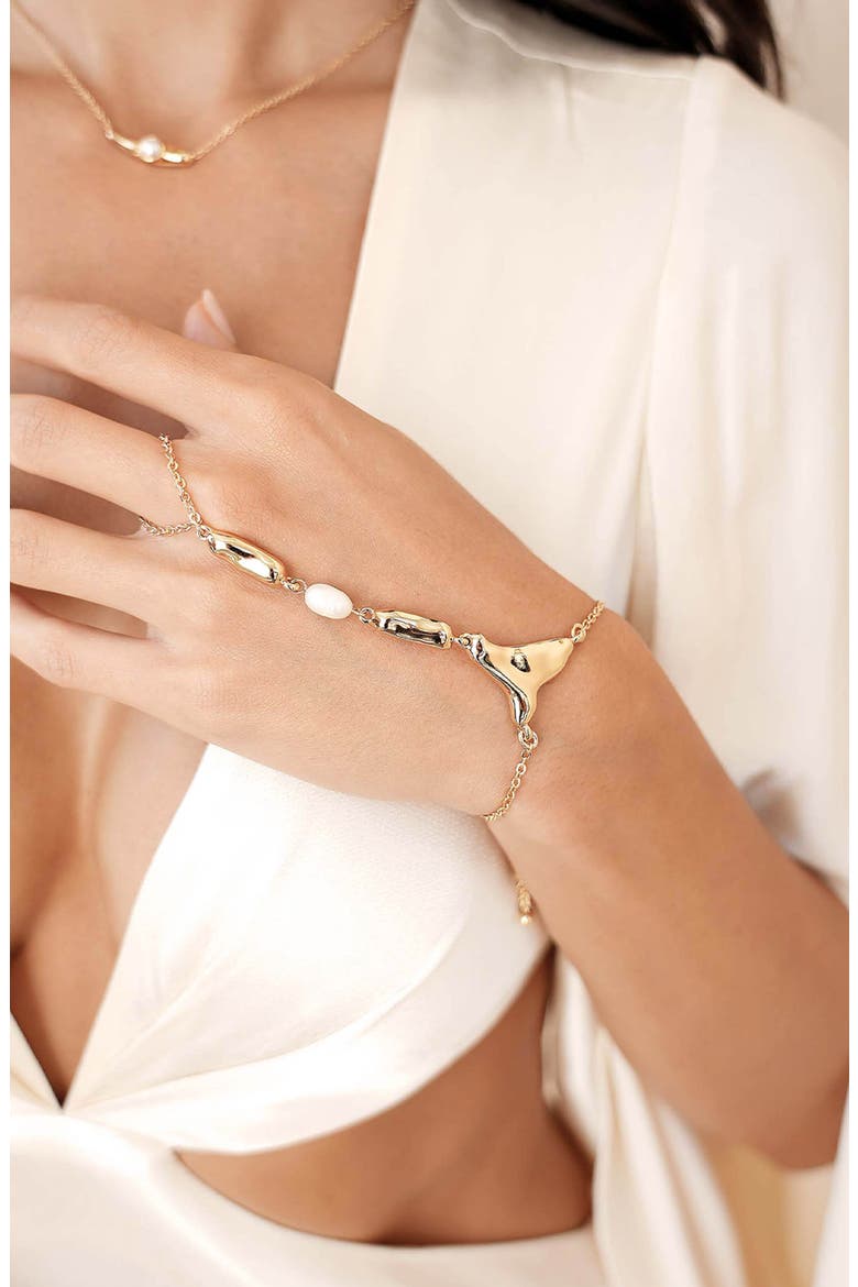 Liquid Metal Genuine Freshwater Pearl Hand Chain, Alternate, color, GOLD