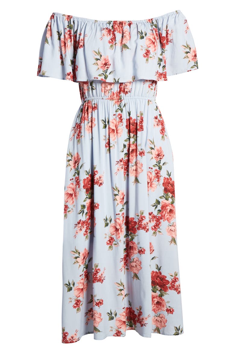 Off the Shoulder Popover Midi Dress, Alternate, color, BLUE DRIFT LARGE FLORAL