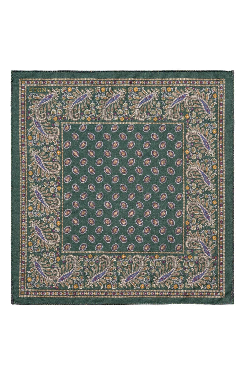 Eton Paisley & Plaid Reversible Wool Pocket Square, Alternate, color, Dark Green