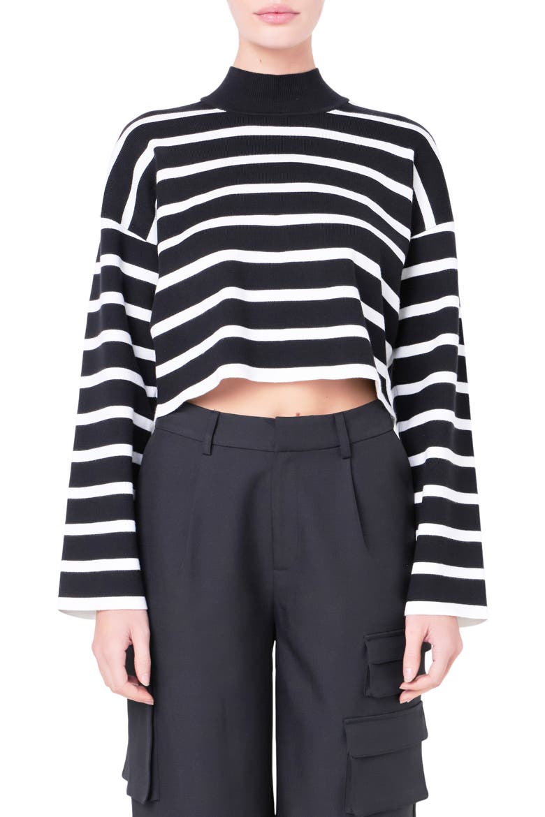 Stripe Turtleneck Crop Sweater, Main, color, BLACK/ WHITE