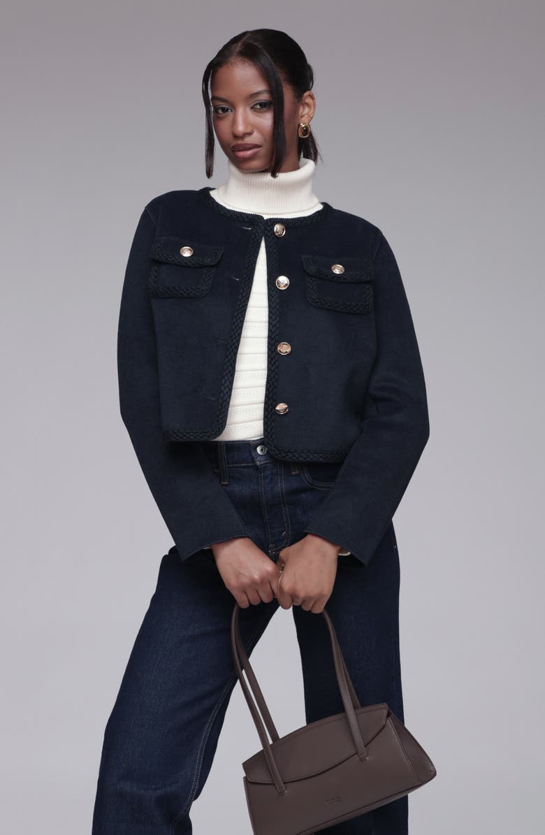 Bagatelle Cropped Collarless Jacket, Alternate, color, Navy