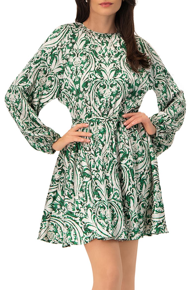 Baroque Print Mini Dress with Belted Waist, Main, color, Green