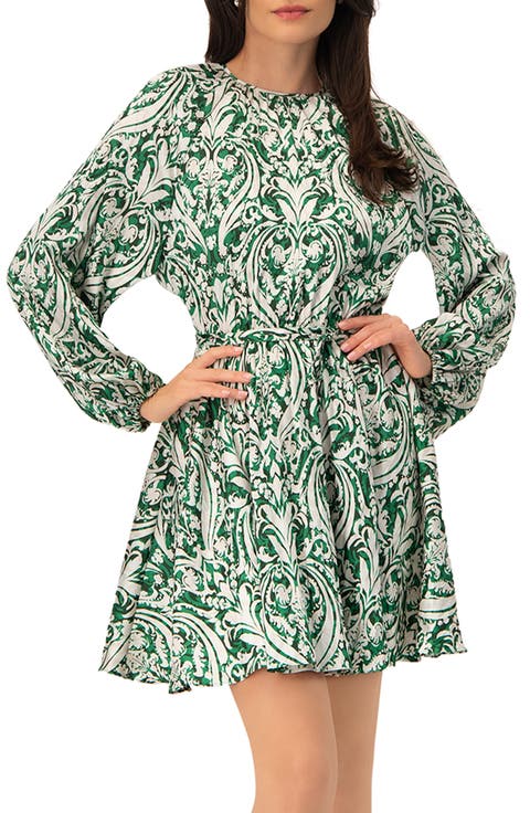 Baroque Print Mini Dress with Belted Waist