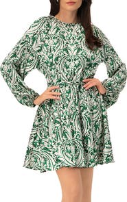 IVONNE Baroque Print Mini Dress with Belted Waist