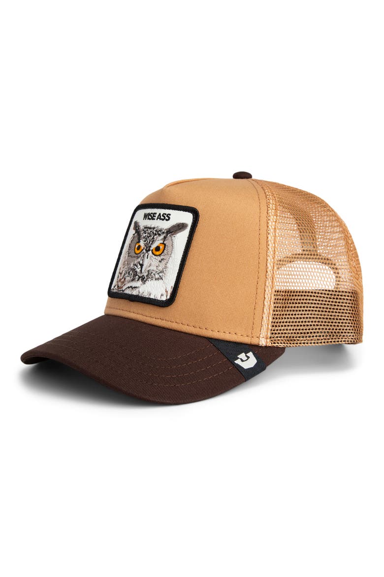 Wise Ass Owl Patch Snapback Trucker Hat, Main, color, HEAT / GROUND