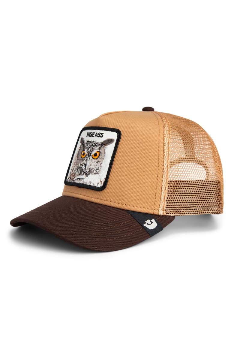 Goorin Bros. Wise Ass Owl Patch Snapback Trucker Hat, Main, color, Heat / Ground