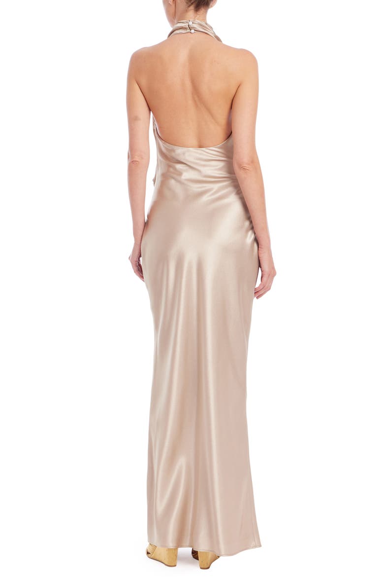 Cowl Halter Neck Metallic Satin Gown, Alternate, color, SAND