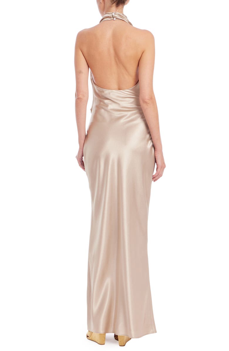 Jewel Badgley Mischka Cowl Halter Neck Metallic Satin Gown, Alternate, color, Sand