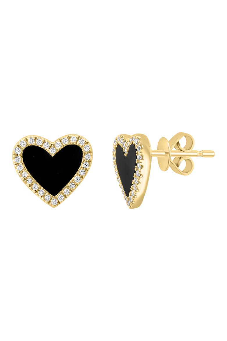 14K Yellow Gold Onyx & Diamond Halo Heart Stud Earrings, Main, color, BLACK