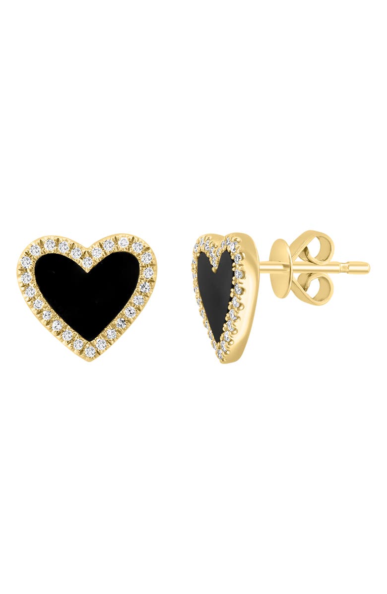 EFFY 14K Yellow Gold Onyx & Diamond Halo Heart Stud Earrings, Main, color, Black