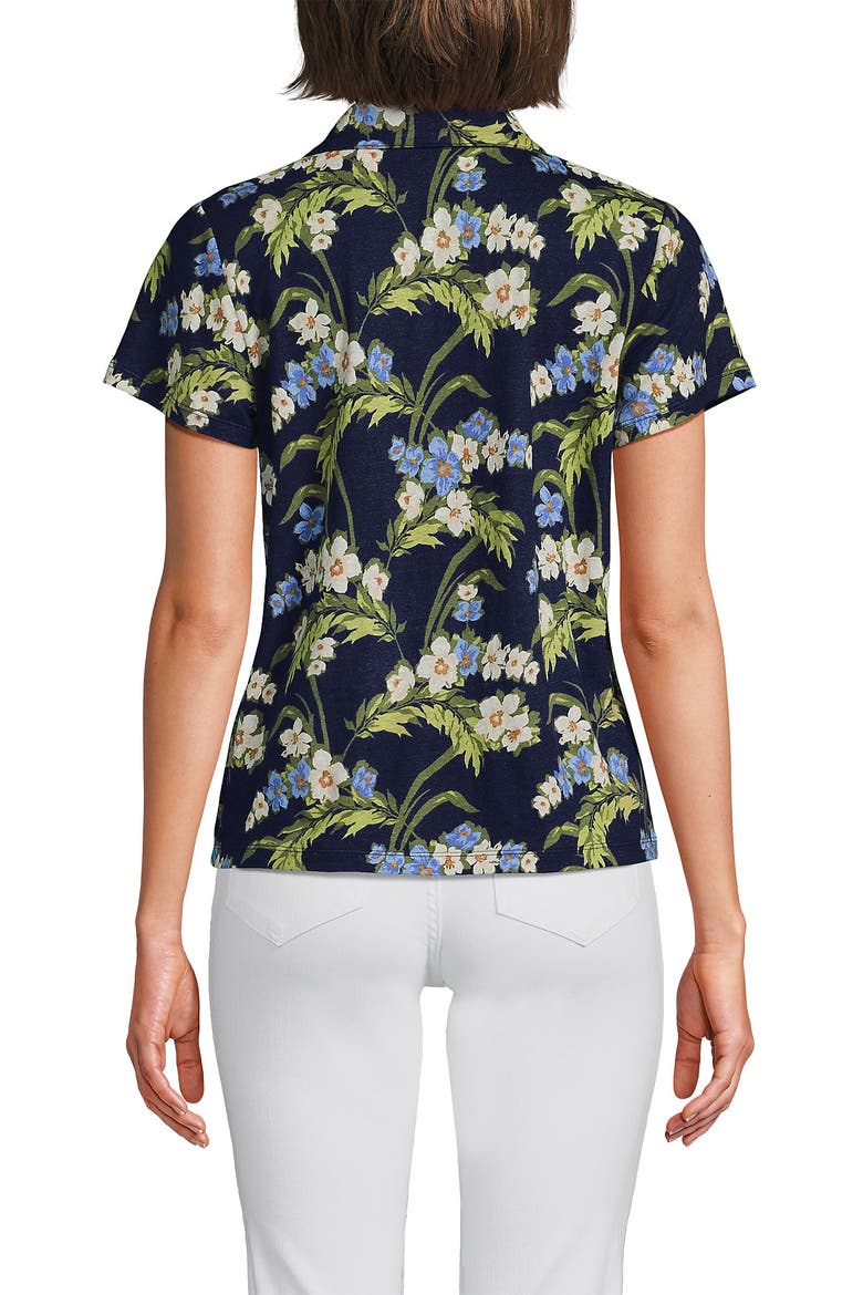 Linen Blend Short Sleeve Button Front Polo Top, Alternate, color, Deep Sea/Blue Floral Tropic