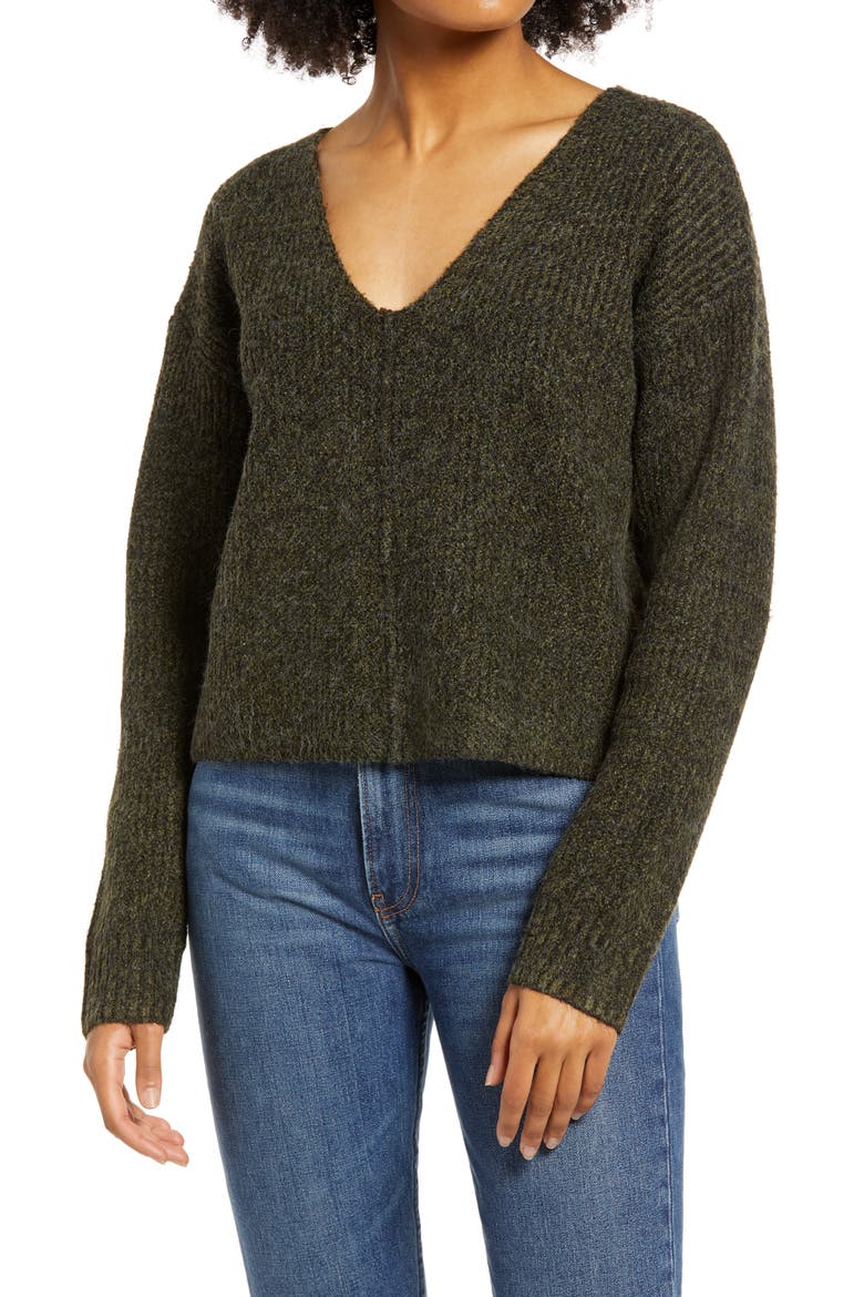 Weekend V-Neck Sweater, Main, color, OLIVE NIGHT MARL