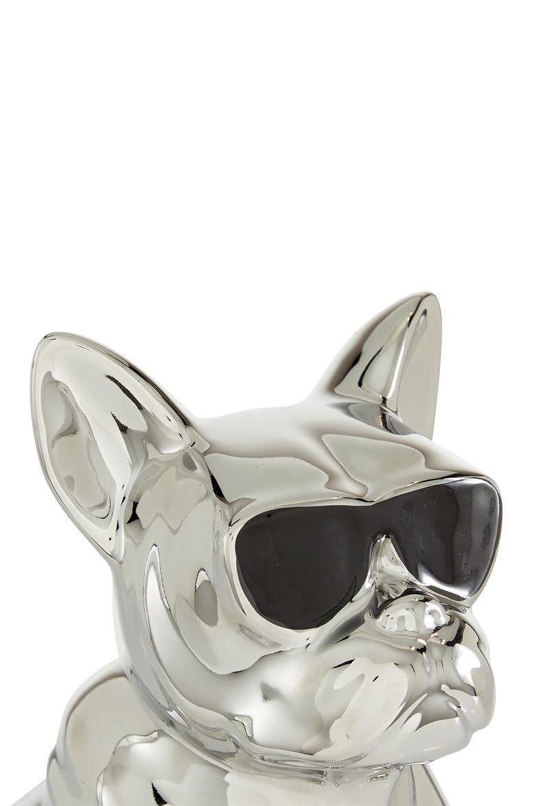 Silvertone Ceramic Bulldog Sculpture with Sunglasses, Alternate, color, SILVER