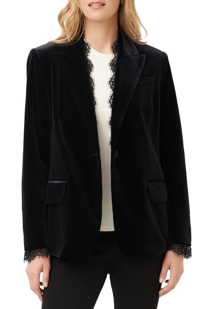 Lace Trim Velvet Blazer, Main, color, BLACK