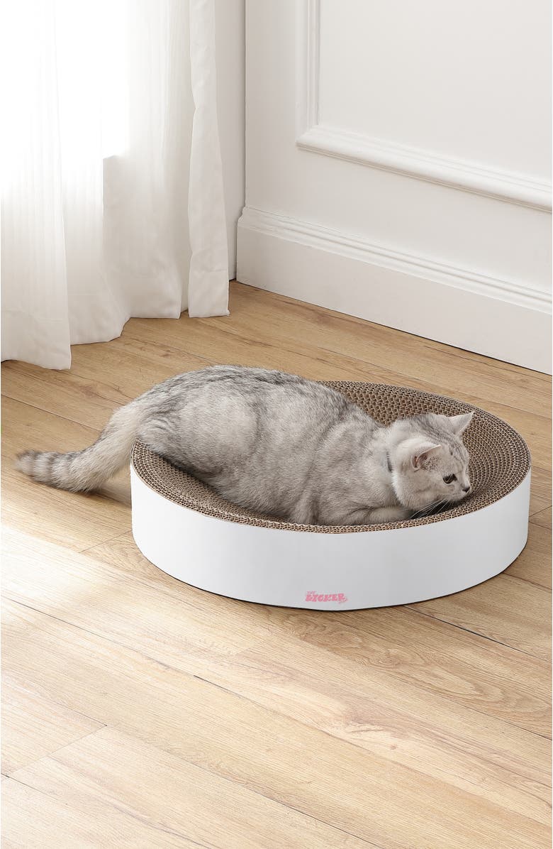 The Licker Store Nelson 20.13" Modern Cardboard Round Bowl Cat Scratcher with Catnip, Alternate, color, White