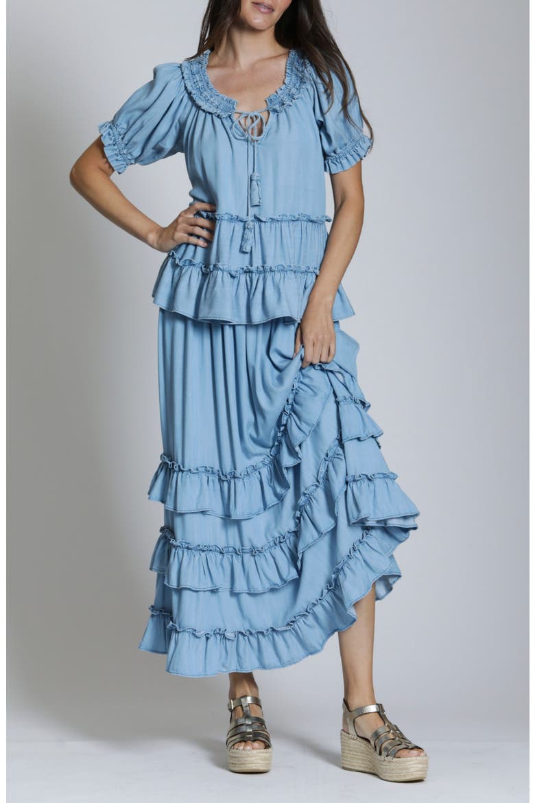 Ruffle Chambray Peasant Top, Alternate, color, LIGHT INDIGO