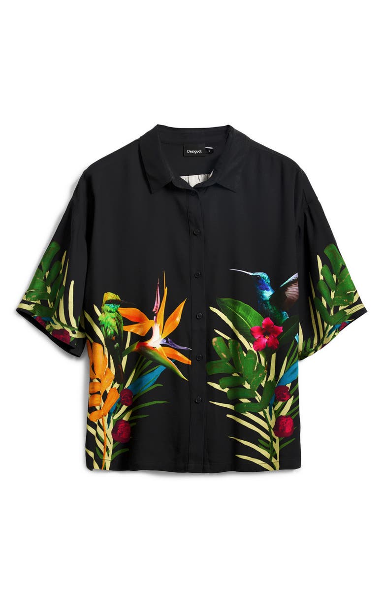 Desigual Floral Short Sleeve Cover-Up Shirt, Alternate, color, Black