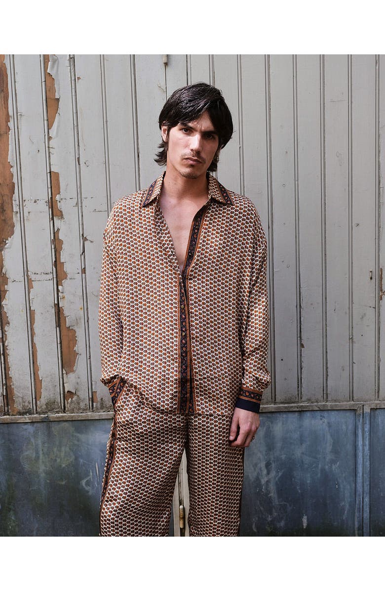 Monzlapur Embossed Botanical Long Sleeve Crepe Shirt, Alternate, color, Copper