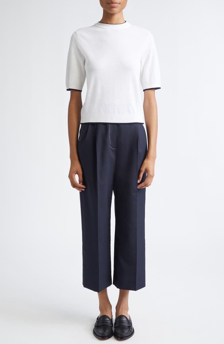 Thom Browne Tipped Textured Stitch Short Sleeve Virgin Wool Top, Alternate, color, White