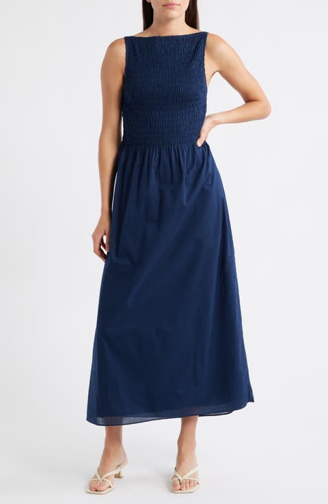ワンピース RONRON BOATNECK SLEEVELESS LONG DRESS BLUE STRIPE RR24BOP325 Spaghetti Straps Ruched Long Dress With Ribbons Royal Blue