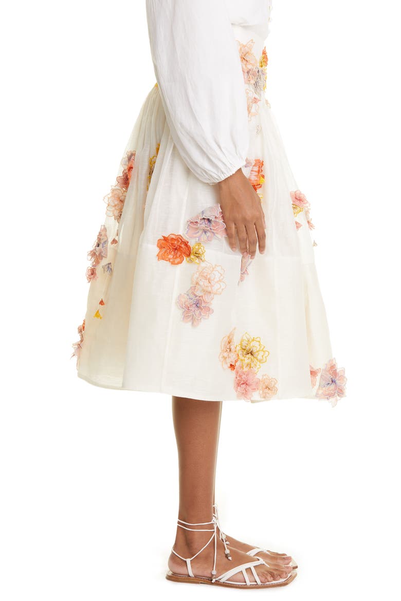 Postcard Floral Appliqué Linen & Silk Skirt, Alternate, color, IVORY