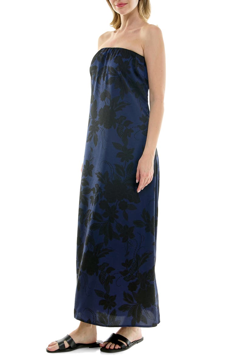 Strapless Print Satin Maxi Dress, Alternate, color, WESTERN FLORAL NAVY