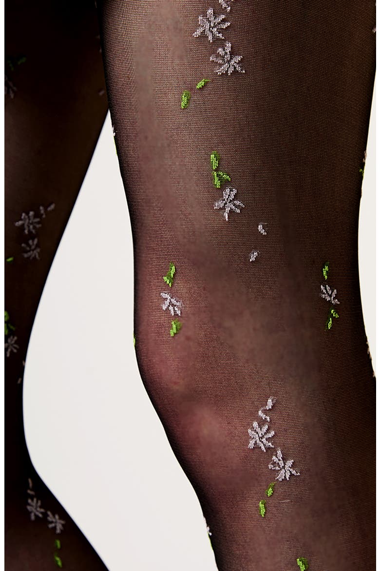 Embroidered Floral Sheer Tights, Alternate, color, BLACK
