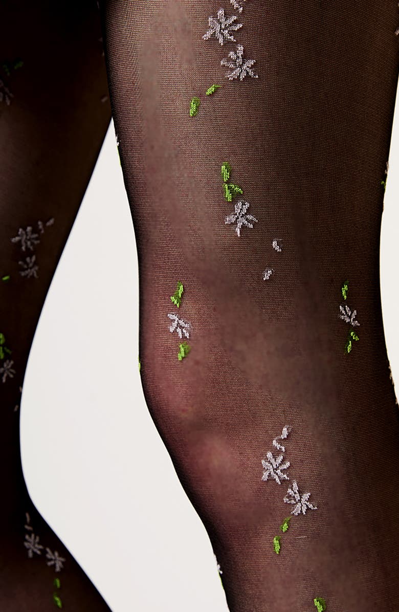 Stems Embroidered Floral Sheer Tights, Alternate, color, Black