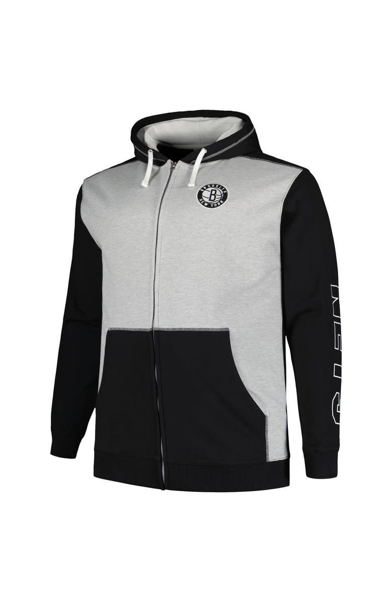 FANATICS Men's Fanatics Branded Black/Heather Gray Brooklyn Nets Big & Tall Contrast Pieced Stitched Full-Zip Hoodie, Alternate, color, Black