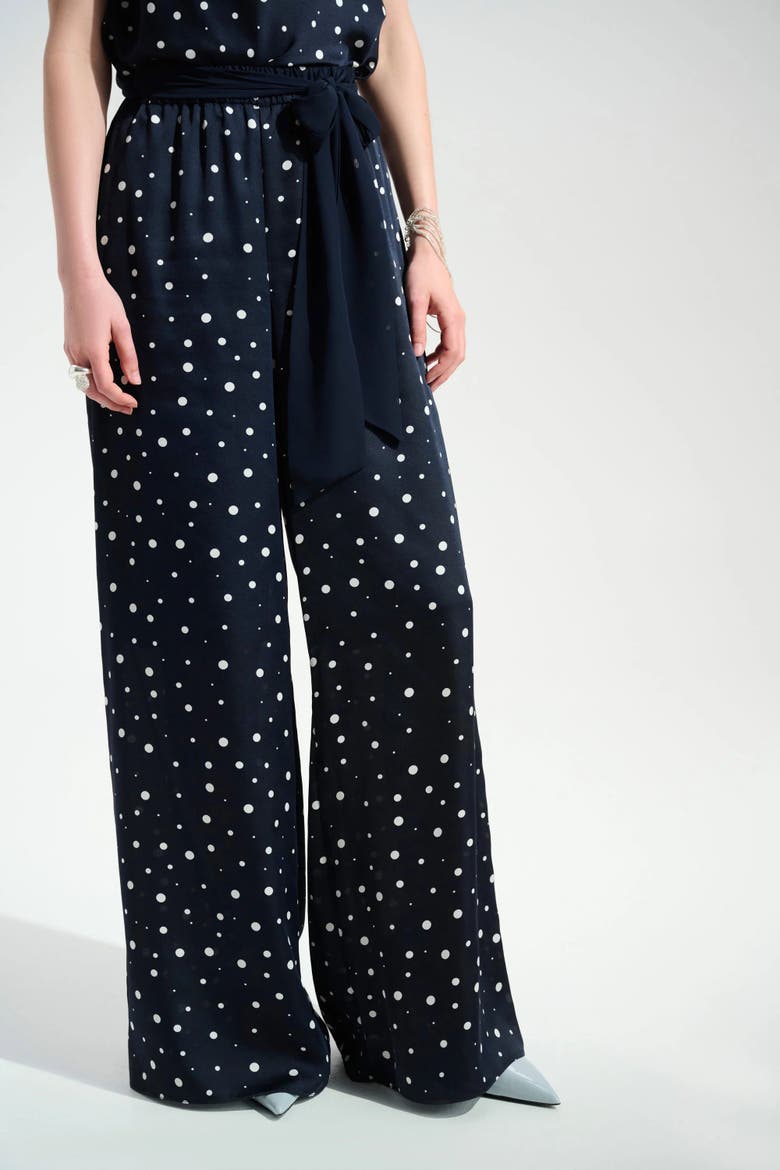 Signature | Satin Dot Print Wide Leg Pants With Contrast Sash, Main, color, Midnight Blue/Vanilla