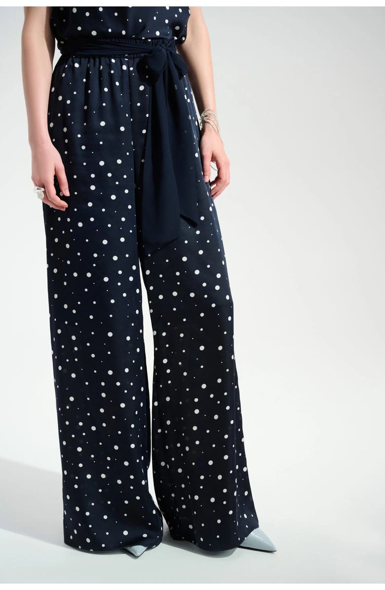 Joseph Ribkoff Signature | Satin Dot Print Wide Leg Pants With Contrast Sash, Main, color, Midnight Blue/Vanilla