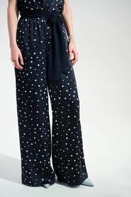 Joseph Ribkoff Signature | Satin Dot Print Wide Leg Pants With Contrast Sash