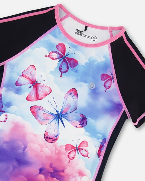 Deux Par Deux Girl's Printed Short Sleeve Athletic Top Pink, Black And Butterfly In Pink, Black And Butterfly