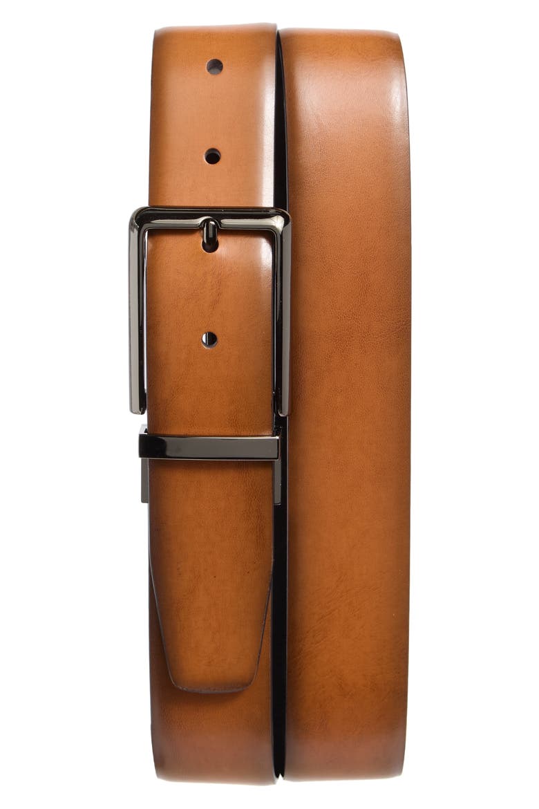 Burnished Leather Belt, Main, color, LUGGAGE/ BLACK