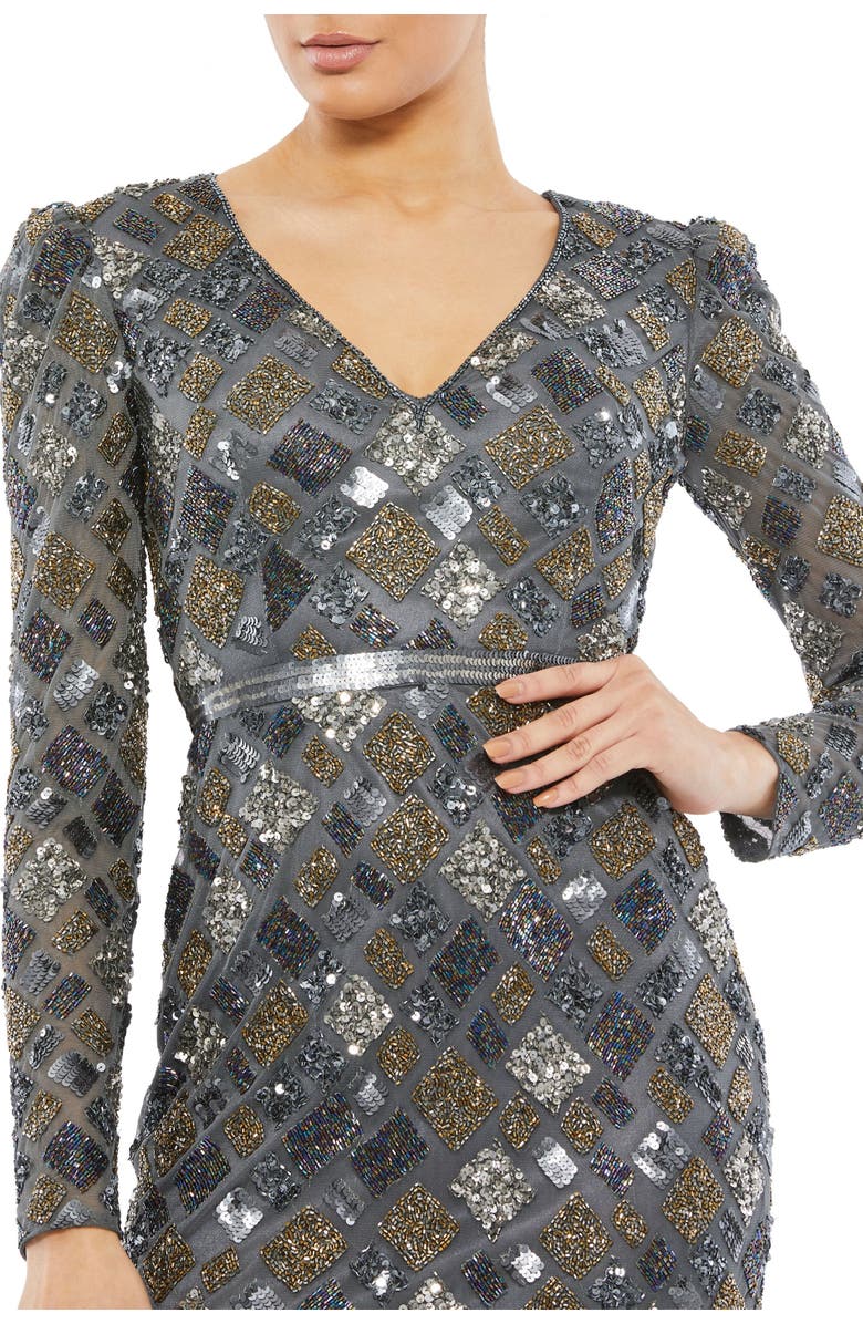 Mac Duggal Long Sleeve Geometric Sequin Midi Dress, Alternate, color, Charcoal