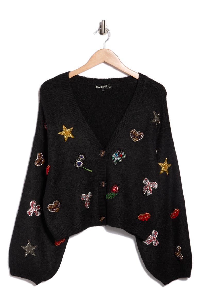 BLANKNYC Embellished Appliqué Cardigan, Main, color, Dazzle Me