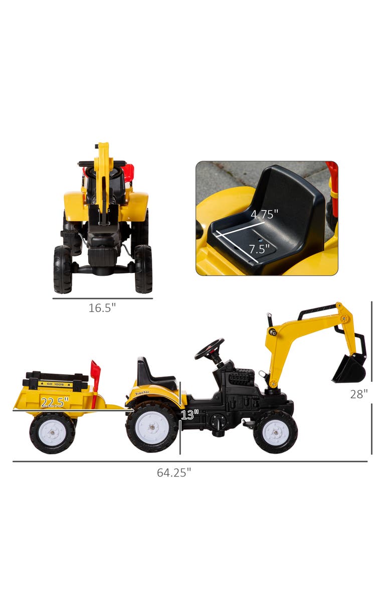 Aosom Kid's Pedal Digger Construction Car with Horn, Detachable Trailer, Alternate, color, Yellow