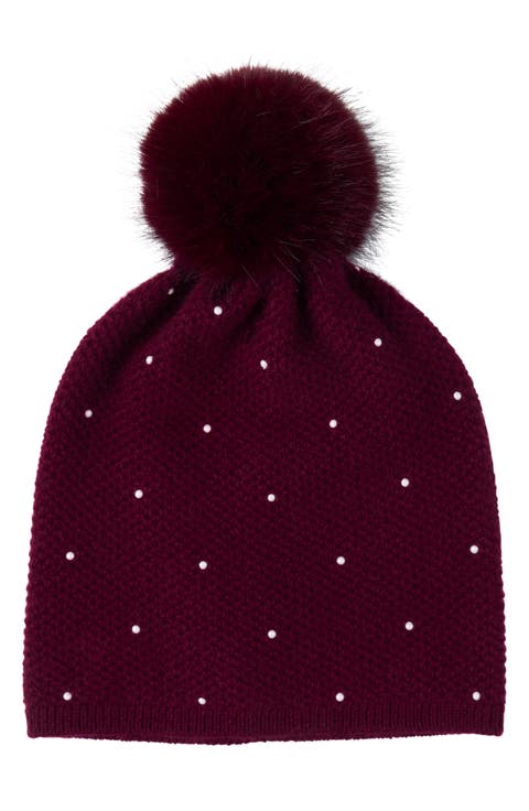 Embellished Textured Cashmere Beanie with Faux Fur Pompom