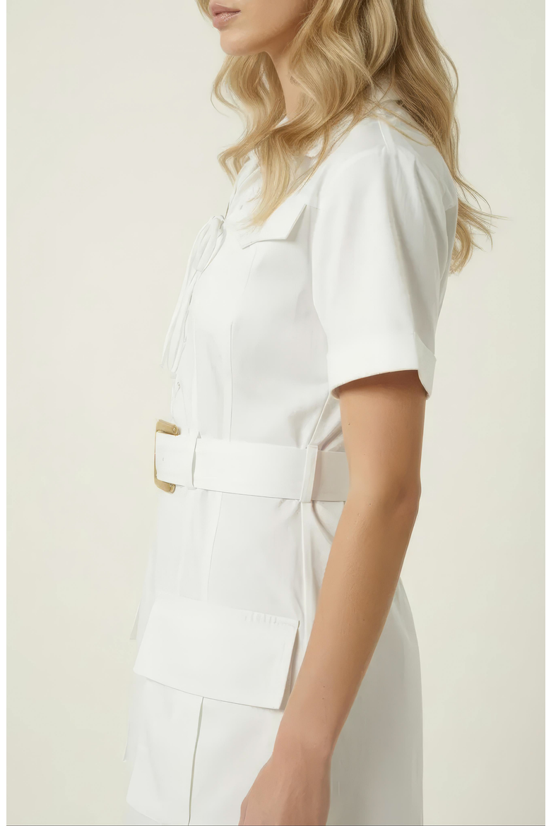Utility Mini Dress with Lace Up Front and Belted Waist, Alternate, color, White