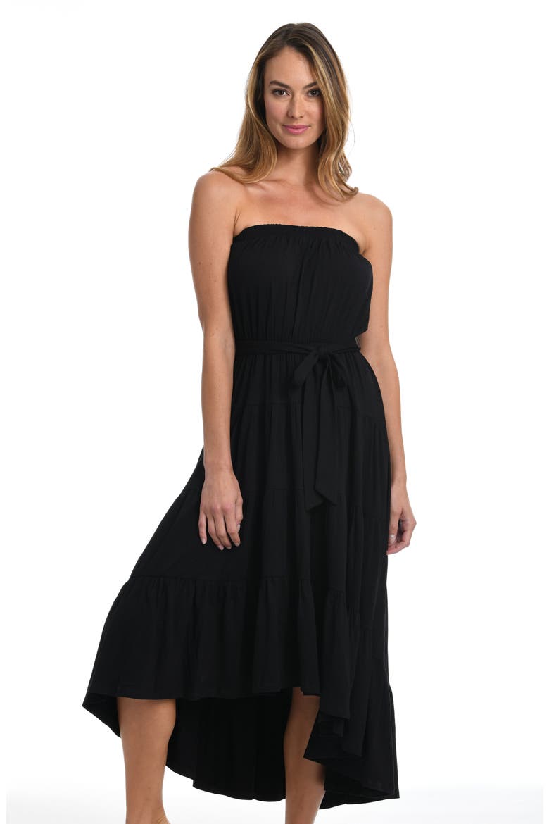 Draped Strapless Tie Waist Cover-Up Dress, Alternate, color, BLACK