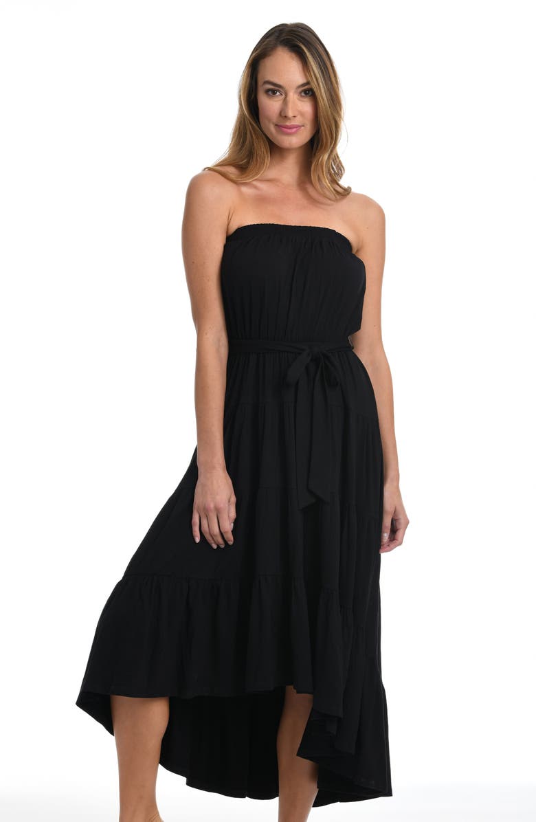 La Blanca Draped Strapless Tie Waist Cover-Up Dress, Alternate, color, Black